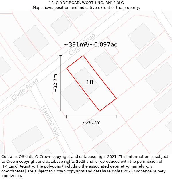 18, CLYDE ROAD, WORTHING, BN13 3LG: Plot and title map