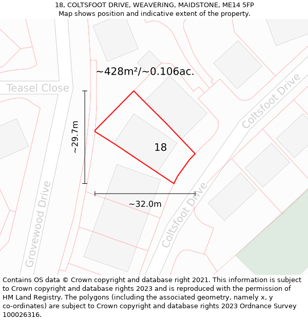 18, COLTSFOOT DRIVE, WEAVERING, MAIDSTONE, ME14 5FP: Plot and title map