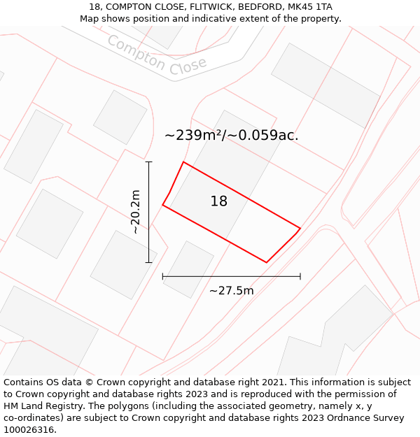 18, COMPTON CLOSE, FLITWICK, BEDFORD, MK45 1TA: Plot and title map