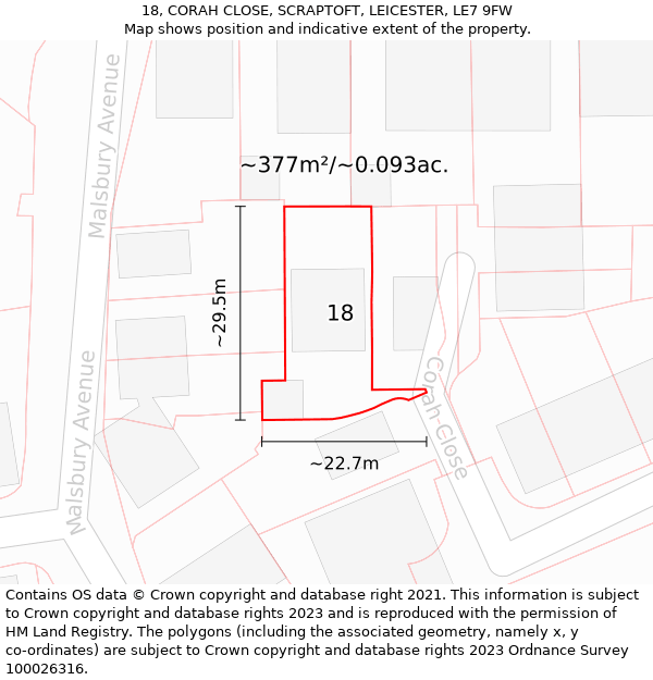 18, CORAH CLOSE, SCRAPTOFT, LEICESTER, LE7 9FW: Plot and title map