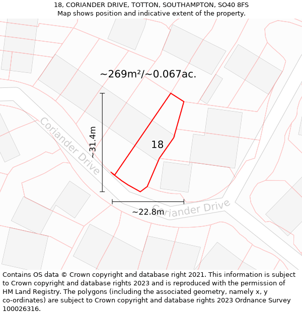 18, CORIANDER DRIVE, TOTTON, SOUTHAMPTON, SO40 8FS: Plot and title map