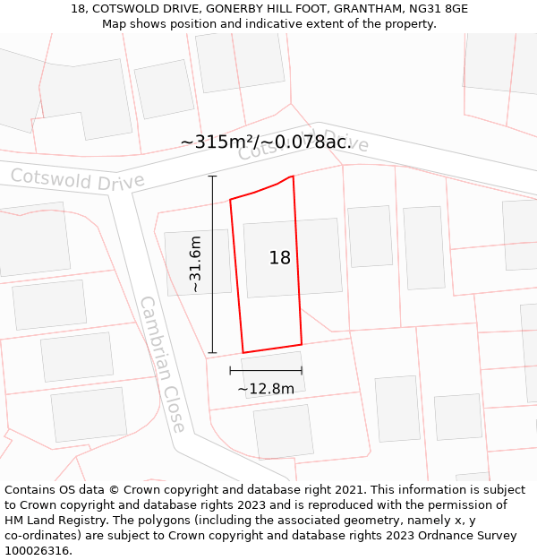 18, COTSWOLD DRIVE, GONERBY HILL FOOT, GRANTHAM, NG31 8GE: Plot and title map