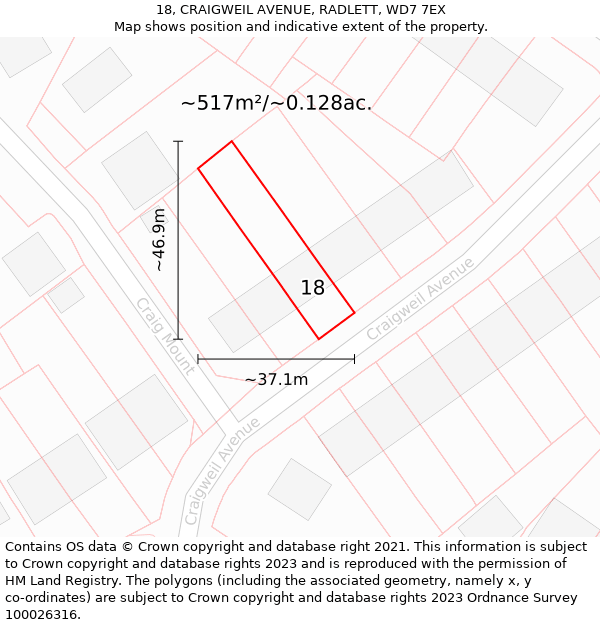 18, CRAIGWEIL AVENUE, RADLETT, WD7 7EX: Plot and title map