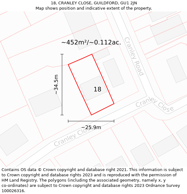 18, CRANLEY CLOSE, GUILDFORD, GU1 2JN: Plot and title map