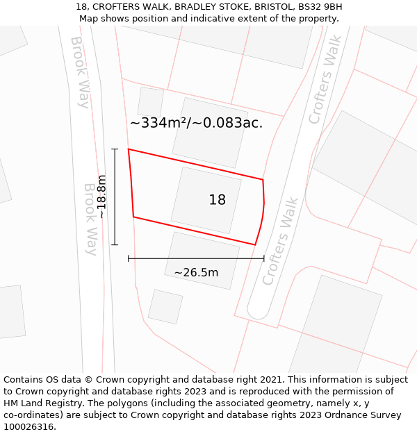 18, CROFTERS WALK, BRADLEY STOKE, BRISTOL, BS32 9BH: Plot and title map