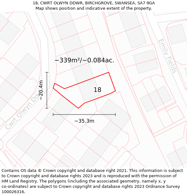 18, CWRT OLWYN DDWR, BIRCHGROVE, SWANSEA, SA7 9GA: Plot and title map