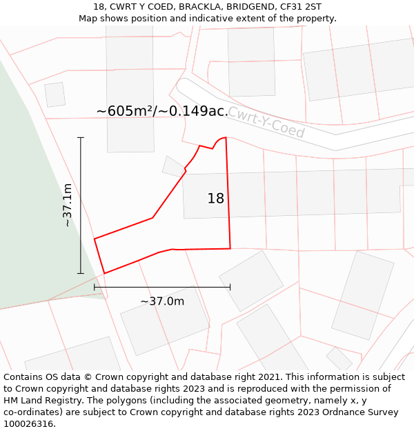 18, CWRT Y COED, BRACKLA, BRIDGEND, CF31 2ST: Plot and title map