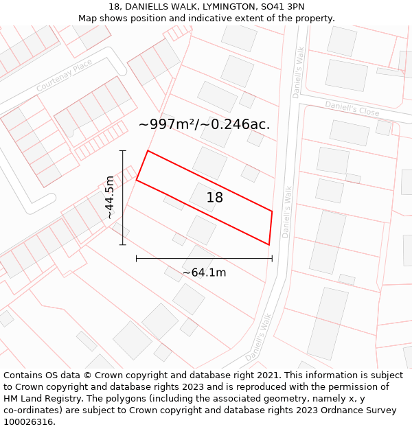 18, DANIELLS WALK, LYMINGTON, SO41 3PN: Plot and title map