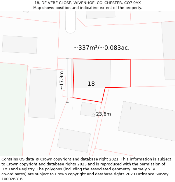 18, DE VERE CLOSE, WIVENHOE, COLCHESTER, CO7 9AX: Plot and title map