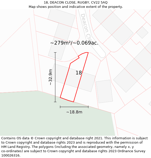 18, DEACON CLOSE, RUGBY, CV22 5AQ: Plot and title map