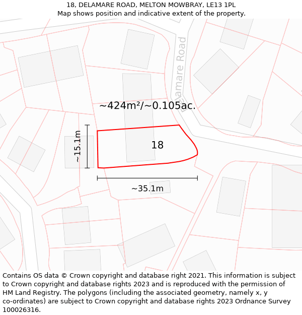 18, DELAMARE ROAD, MELTON MOWBRAY, LE13 1PL: Plot and title map