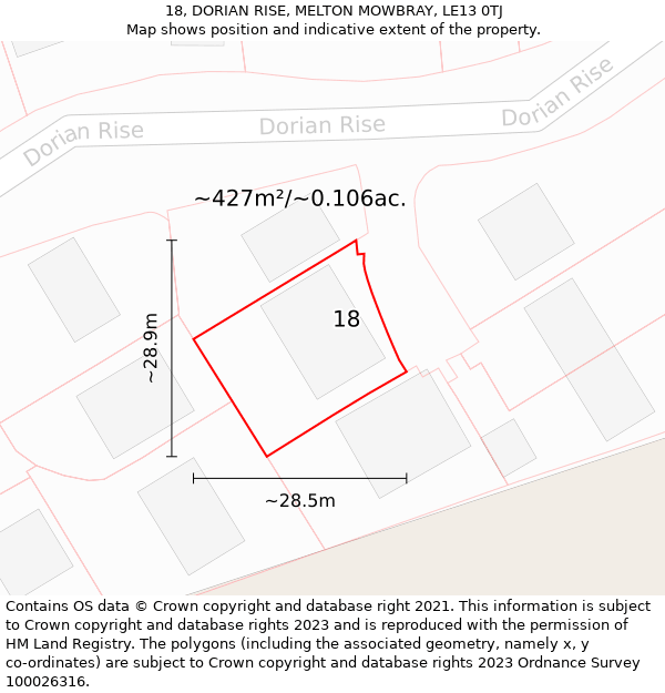 18, DORIAN RISE, MELTON MOWBRAY, LE13 0TJ: Plot and title map