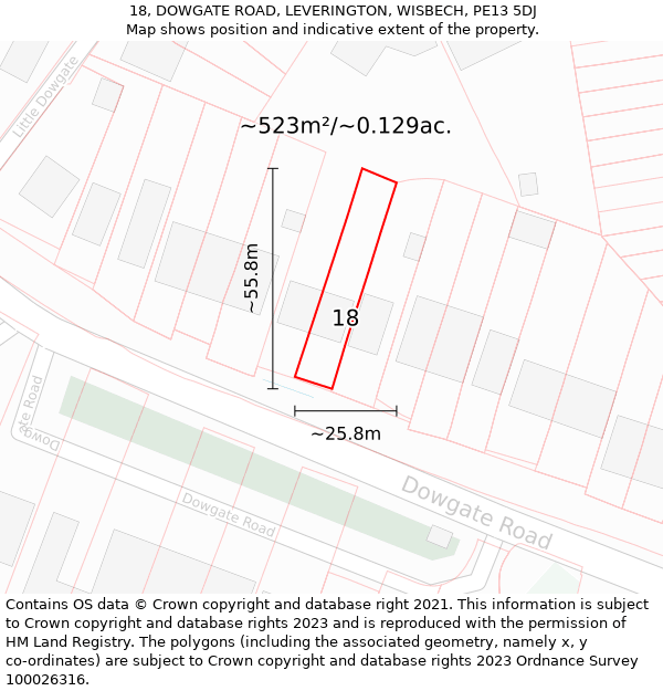 18, DOWGATE ROAD, LEVERINGTON, WISBECH, PE13 5DJ: Plot and title map