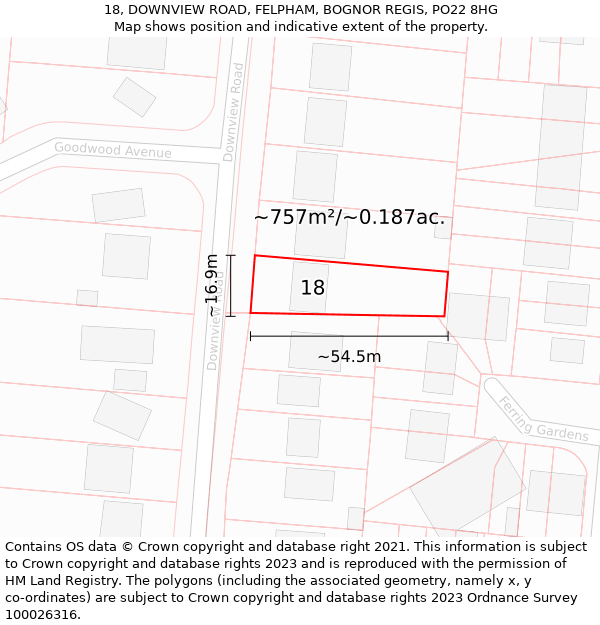 18, DOWNVIEW ROAD, FELPHAM, BOGNOR REGIS, PO22 8HG: Plot and title map