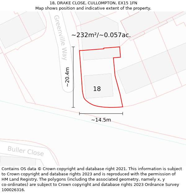 18, DRAKE CLOSE, CULLOMPTON, EX15 1FN: Plot and title map