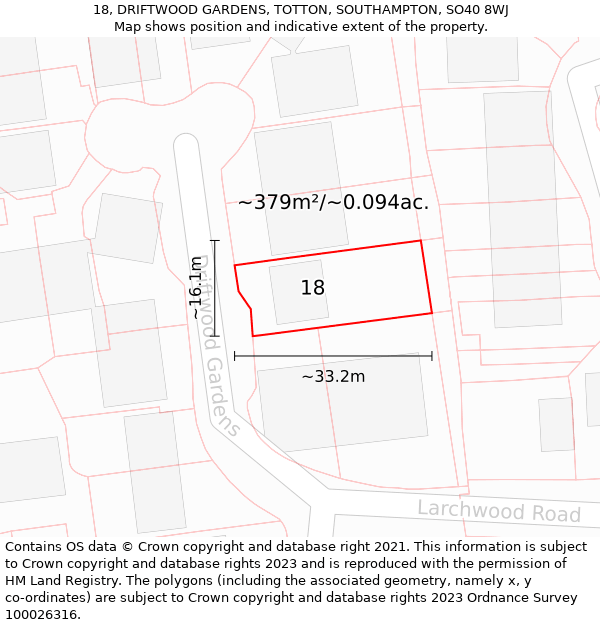 18, DRIFTWOOD GARDENS, TOTTON, SOUTHAMPTON, SO40 8WJ: Plot and title map