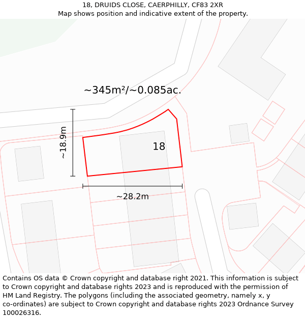 18, DRUIDS CLOSE, CAERPHILLY, CF83 2XR: Plot and title map