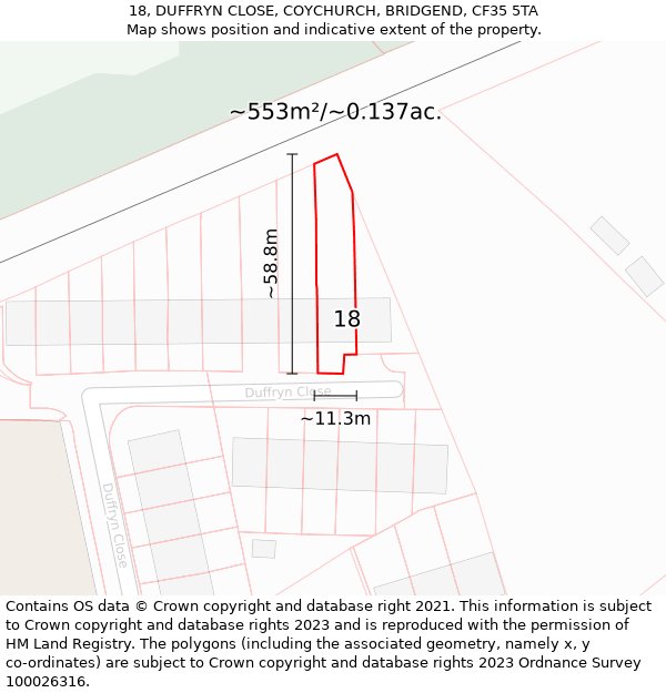 18, DUFFRYN CLOSE, COYCHURCH, BRIDGEND, CF35 5TA: Plot and title map