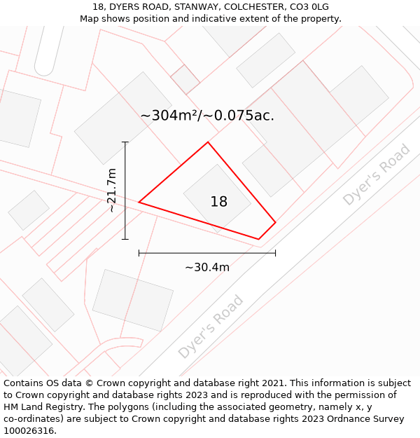 18, DYERS ROAD, STANWAY, COLCHESTER, CO3 0LG: Plot and title map