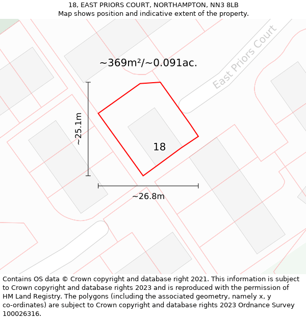 18, EAST PRIORS COURT, NORTHAMPTON, NN3 8LB: Plot and title map