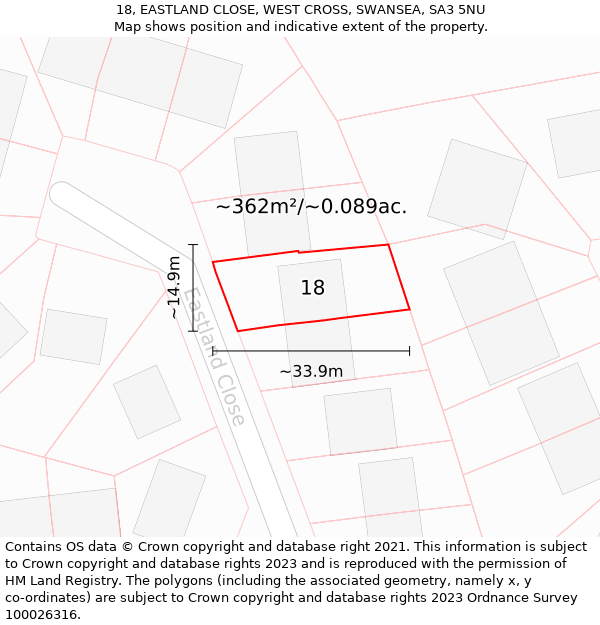18, EASTLAND CLOSE, WEST CROSS, SWANSEA, SA3 5NU: Plot and title map