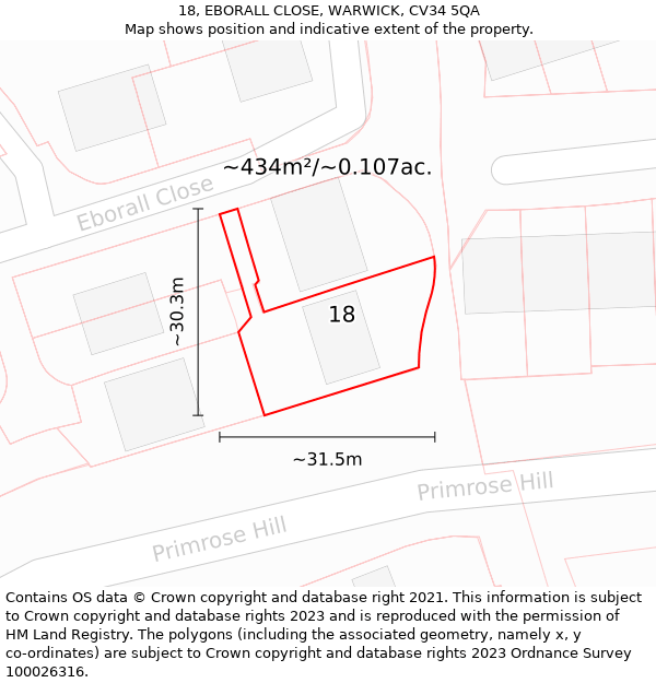 18, EBORALL CLOSE, WARWICK, CV34 5QA: Plot and title map