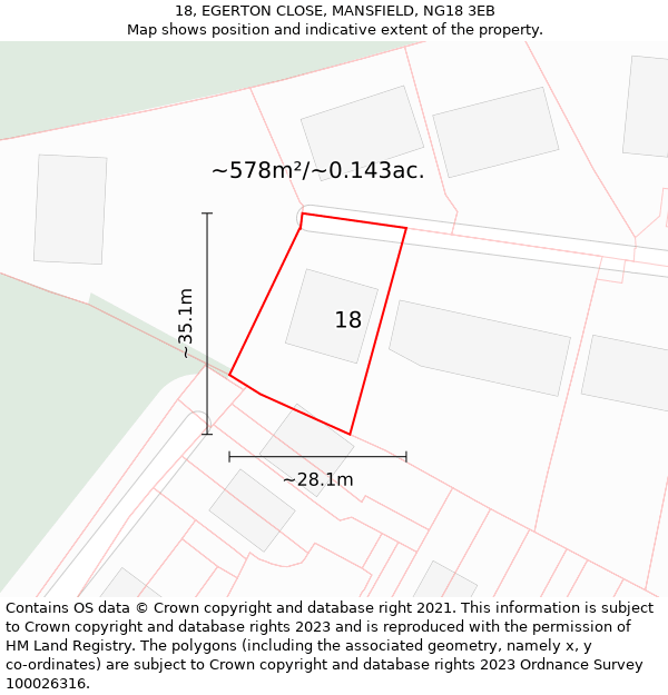 18, EGERTON CLOSE, MANSFIELD, NG18 3EB: Plot and title map