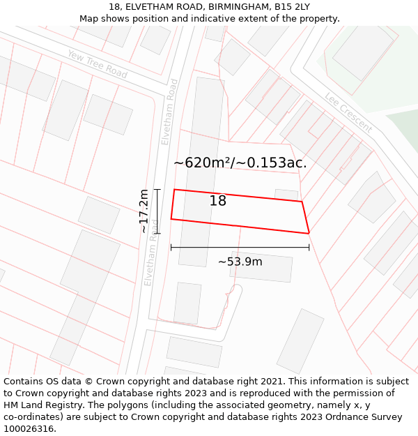 18, ELVETHAM ROAD, BIRMINGHAM, B15 2LY: Plot and title map