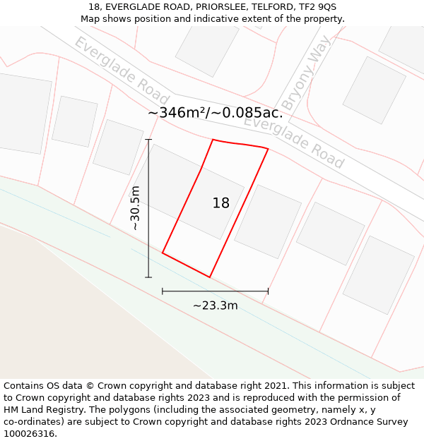 18, EVERGLADE ROAD, PRIORSLEE, TELFORD, TF2 9QS: Plot and title map