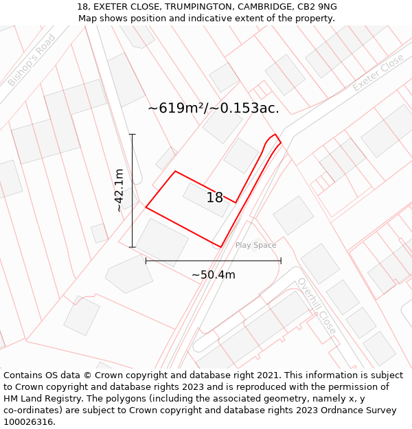 18, EXETER CLOSE, TRUMPINGTON, CAMBRIDGE, CB2 9NG: Plot and title map