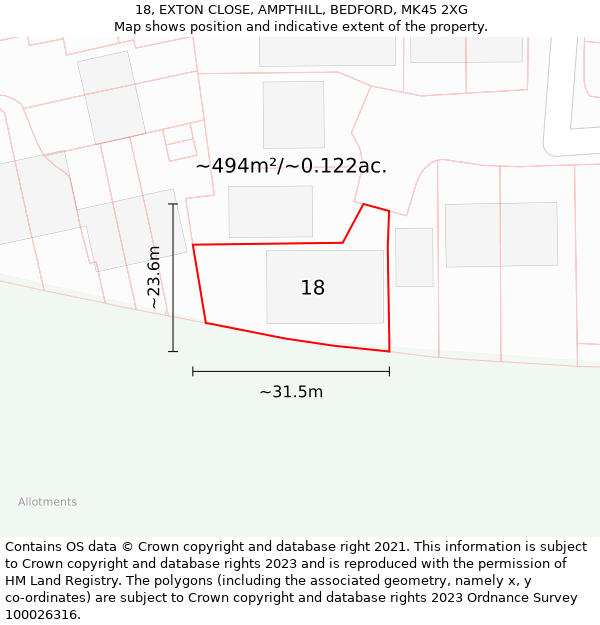 18, EXTON CLOSE, AMPTHILL, BEDFORD, MK45 2XG: Plot and title map