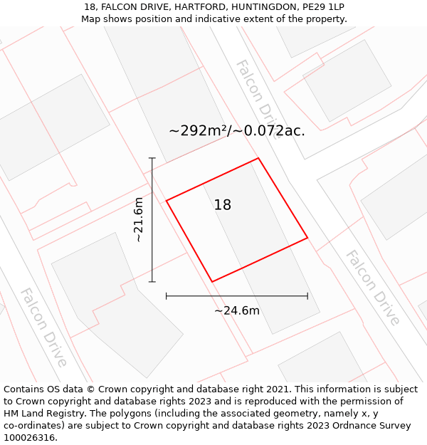 18, FALCON DRIVE, HARTFORD, HUNTINGDON, PE29 1LP: Plot and title map