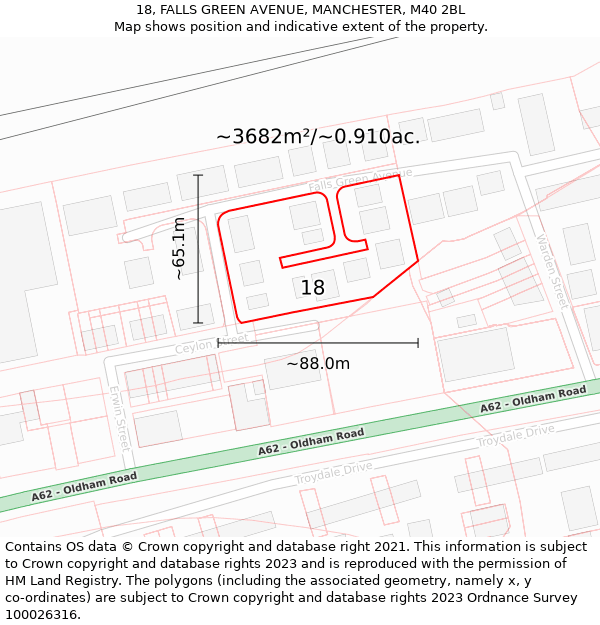 18, FALLS GREEN AVENUE, MANCHESTER, M40 2BL: Plot and title map