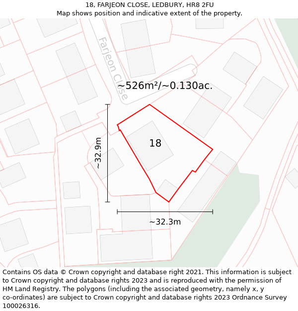 18, FARJEON CLOSE, LEDBURY, HR8 2FU: Plot and title map