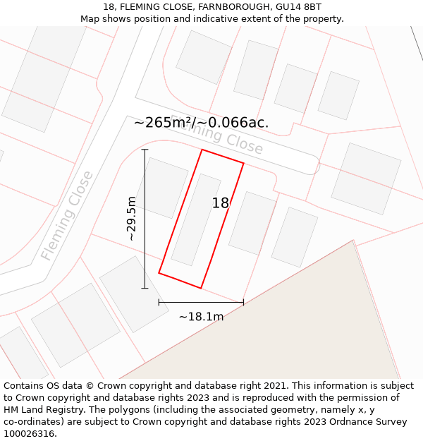 18, FLEMING CLOSE, FARNBOROUGH, GU14 8BT: Plot and title map