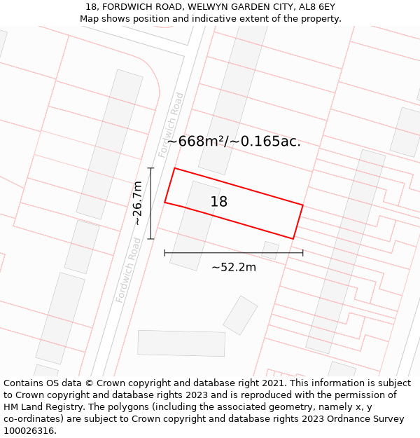 18, FORDWICH ROAD, WELWYN GARDEN CITY, AL8 6EY: Plot and title map