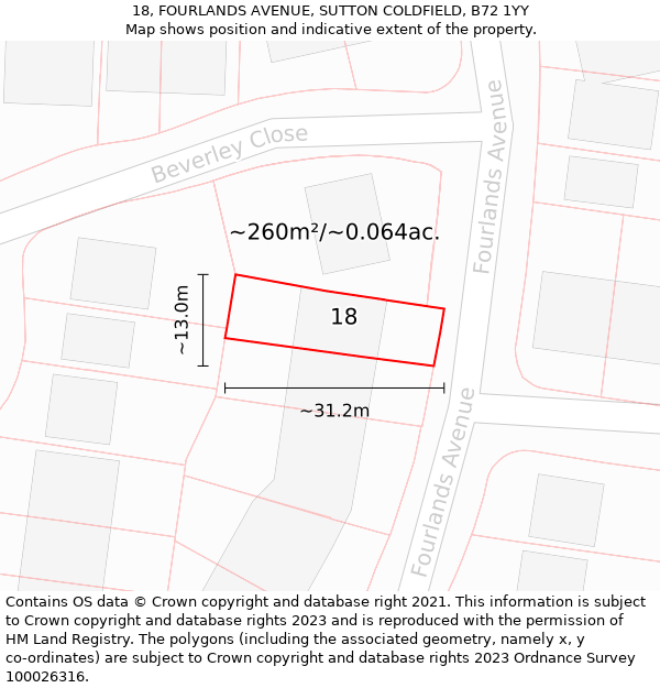 18, FOURLANDS AVENUE, SUTTON COLDFIELD, B72 1YY: Plot and title map