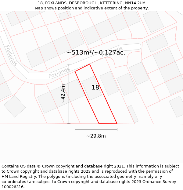 18, FOXLANDS, DESBOROUGH, KETTERING, NN14 2UA: Plot and title map