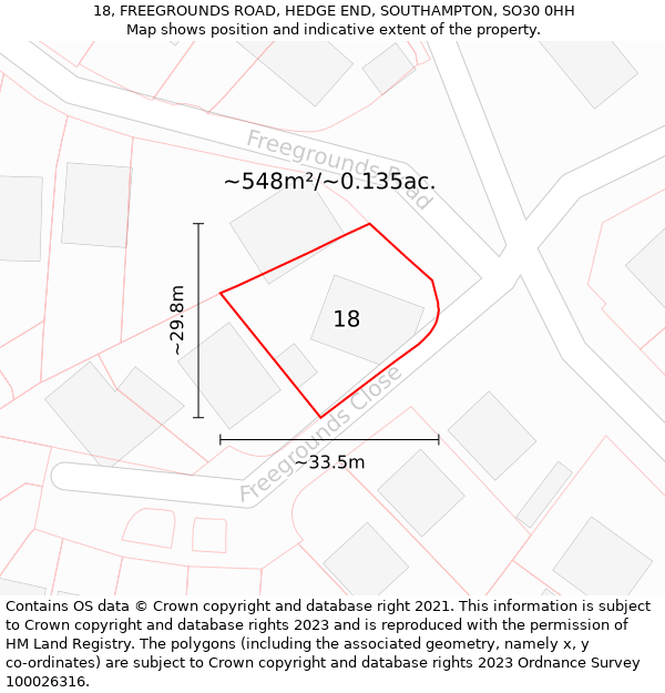 18, FREEGROUNDS ROAD, HEDGE END, SOUTHAMPTON, SO30 0HH: Plot and title map