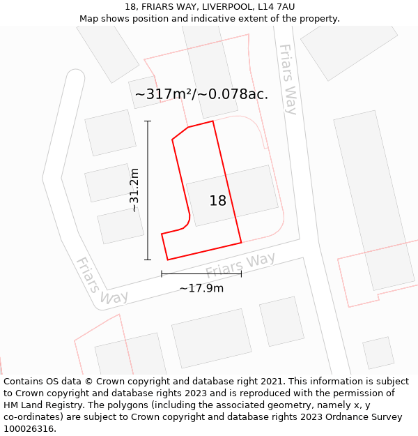 18, FRIARS WAY, LIVERPOOL, L14 7AU: Plot and title map