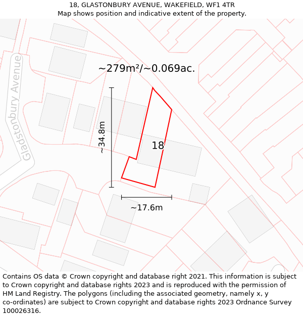 18, GLASTONBURY AVENUE, WAKEFIELD, WF1 4TR: Plot and title map