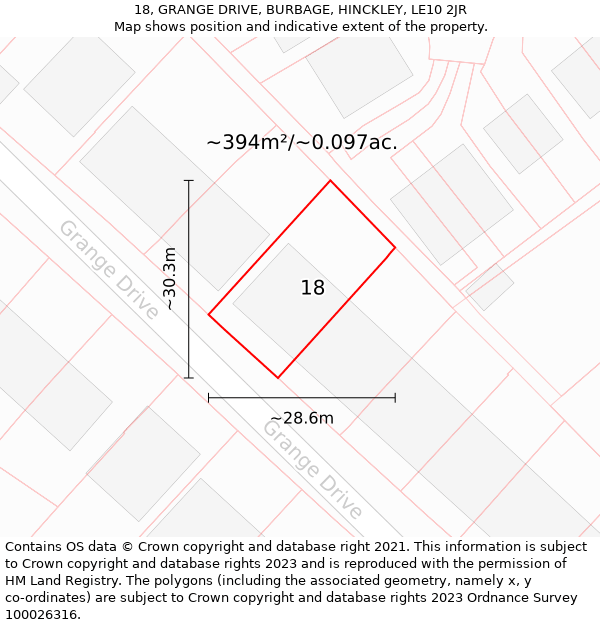 18, GRANGE DRIVE, BURBAGE, HINCKLEY, LE10 2JR: Plot and title map