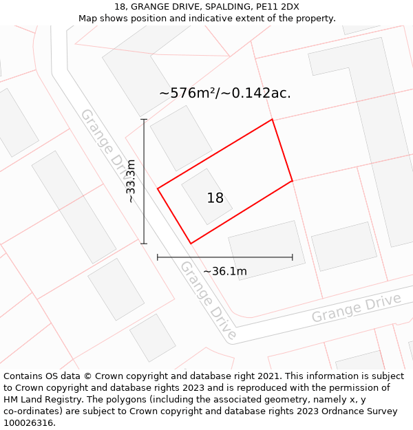 18, GRANGE DRIVE, SPALDING, PE11 2DX: Plot and title map