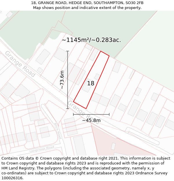 18, GRANGE ROAD, HEDGE END, SOUTHAMPTON, SO30 2FB: Plot and title map