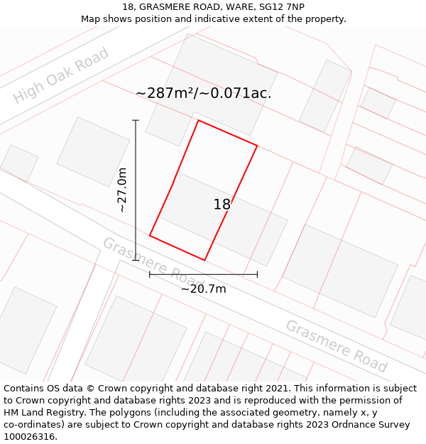 18, GRASMERE ROAD, WARE, SG12 7NP: Plot and title map