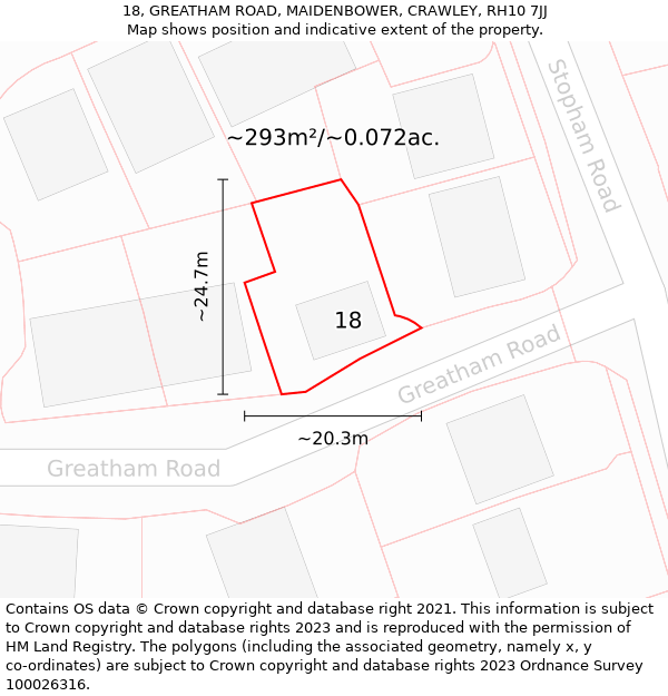 18, GREATHAM ROAD, MAIDENBOWER, CRAWLEY, RH10 7JJ: Plot and title map