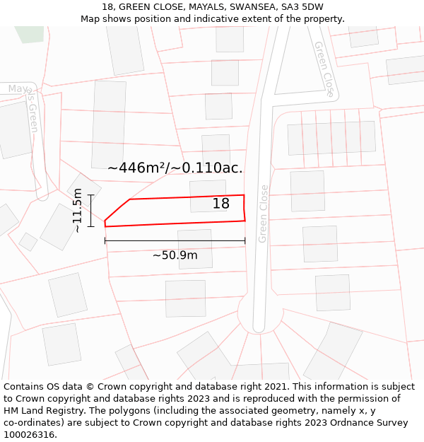 18, GREEN CLOSE, MAYALS, SWANSEA, SA3 5DW: Plot and title map