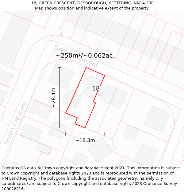 18, GREEN CRESCENT, DESBOROUGH, KETTERING, NN14 2BF: Plot and title map