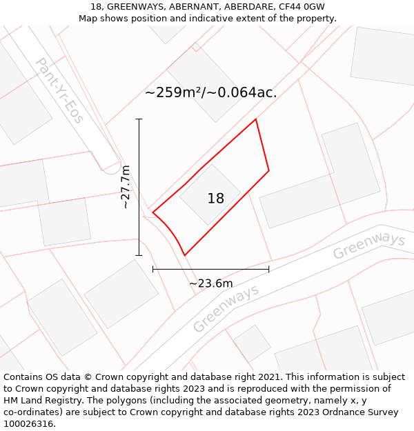 18, GREENWAYS, ABERNANT, ABERDARE, CF44 0GW: Plot and title map