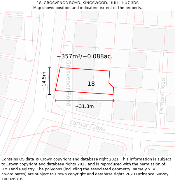 18, GROSVENOR ROAD, KINGSWOOD, HULL, HU7 3DS: Plot and title map